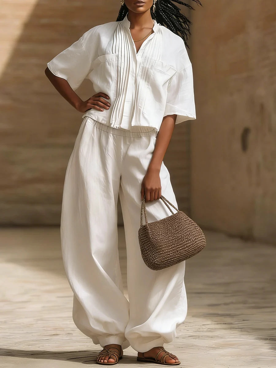 Women'S Linen Two Piece Set Relaxed Fit Pleated Shirt and Wide Leg Trousers