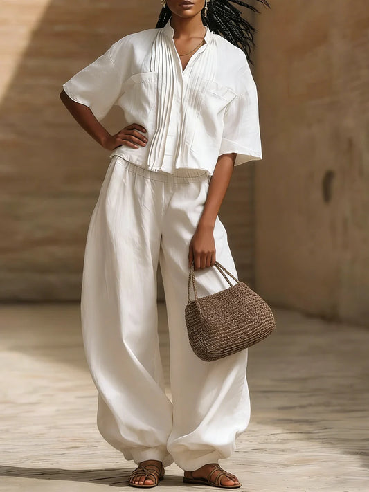 Women'S Linen Two Piece Set Relaxed Fit Pleated Shirt and Wide Leg Trousers