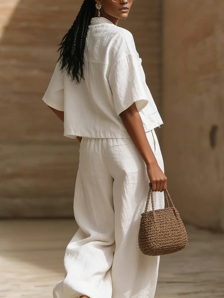 Women'S Linen Two Piece Set Relaxed Fit Pleated Shirt and Wide Leg Trousers