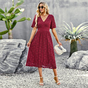 Fashion V-neck Lace Dress Summer Elegant Short Sleeve Long Dresses For Women