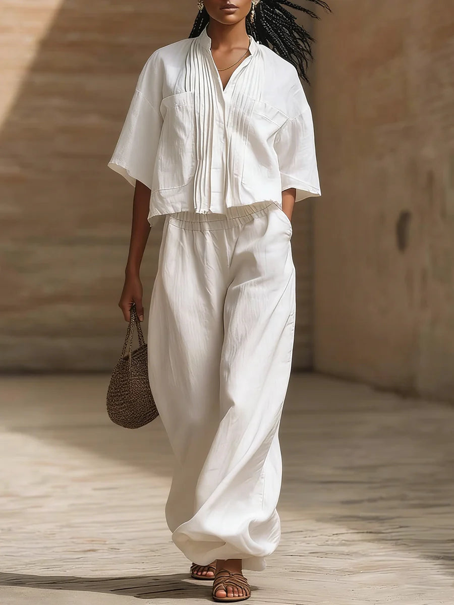 Women'S Linen Two Piece Set Relaxed Fit Pleated Shirt and Wide Leg Trousers