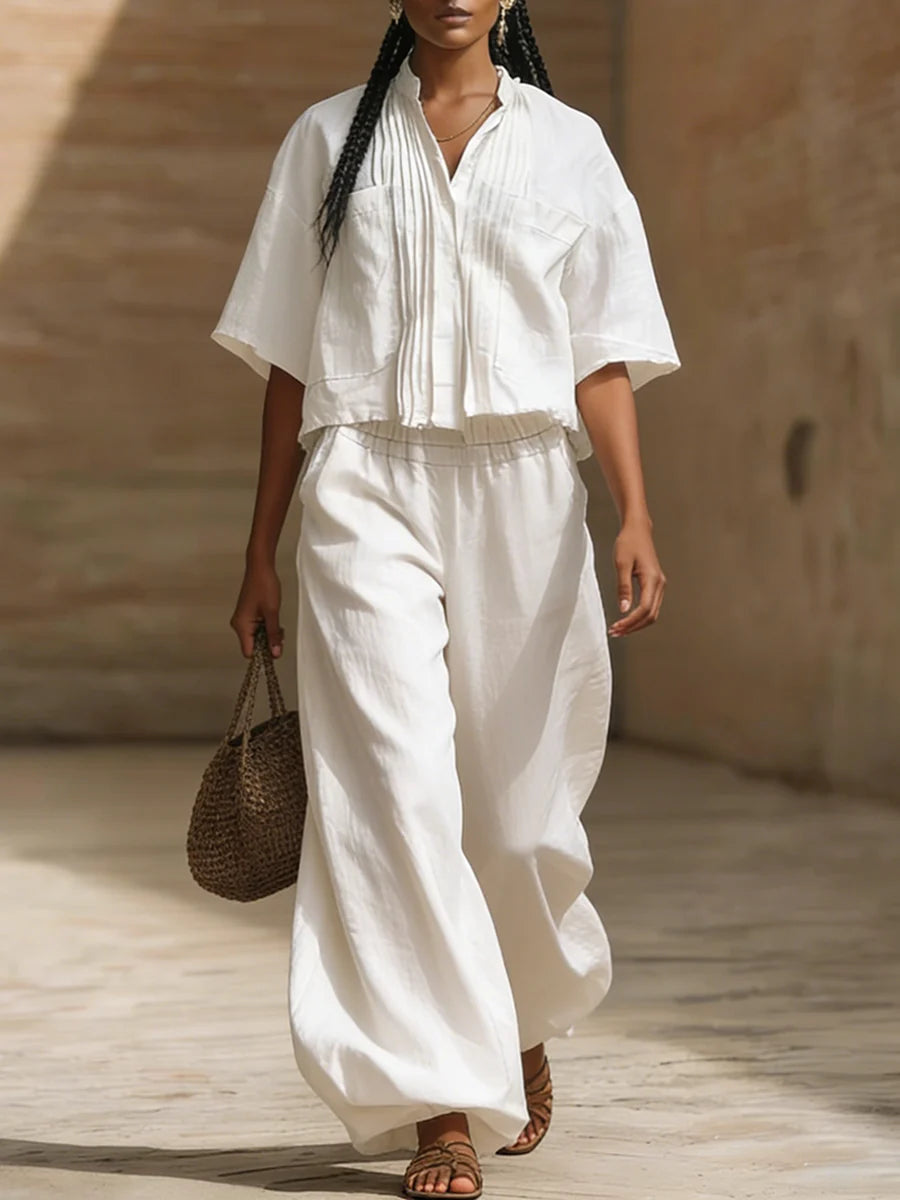 Women'S Linen Two Piece Set Relaxed Fit Pleated Shirt and Wide Leg Trousers